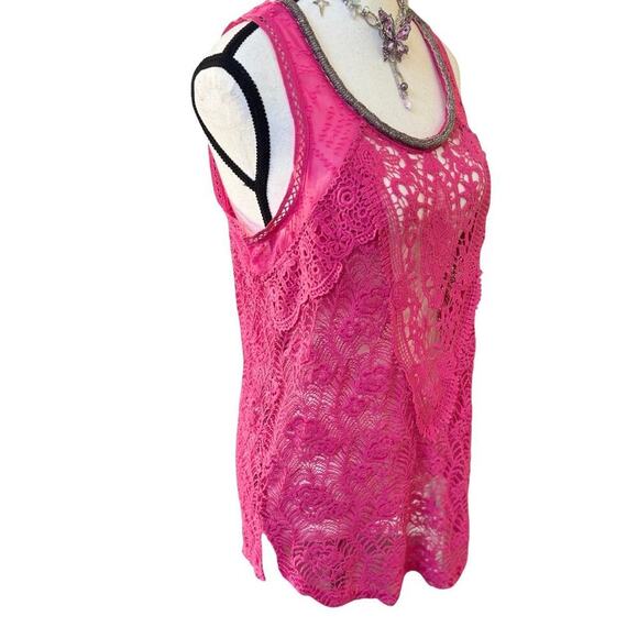 Y2K VTG. MISS ME PINK LACE CROCHET SHEER BEADED TOP BLOUSE MEDIUM - Picture 3 of 8